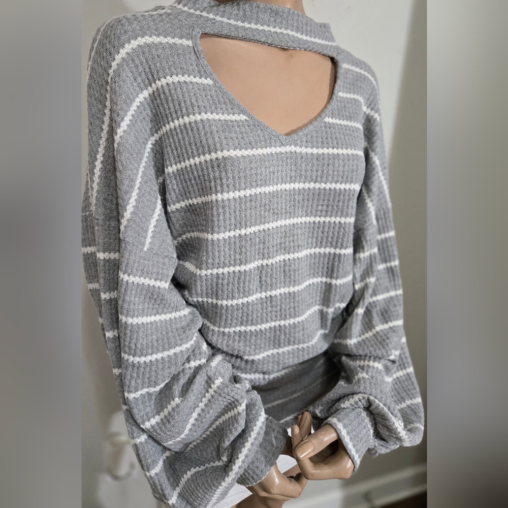 BiBi Gray and White V-Neck Sweater